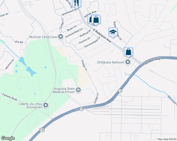 map of restaurants, bars, coffee shops, grocery stores, and more near 10 Dodge Lane in Grovetown