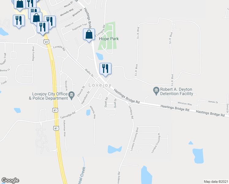 map of restaurants, bars, coffee shops, grocery stores, and more near 11715 Hastings Bridge Rd in Lovejoy