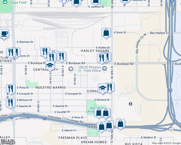 map of restaurants, bars, coffee shops, grocery stores, and more near 1441 East Buckeye Road in Phoenix