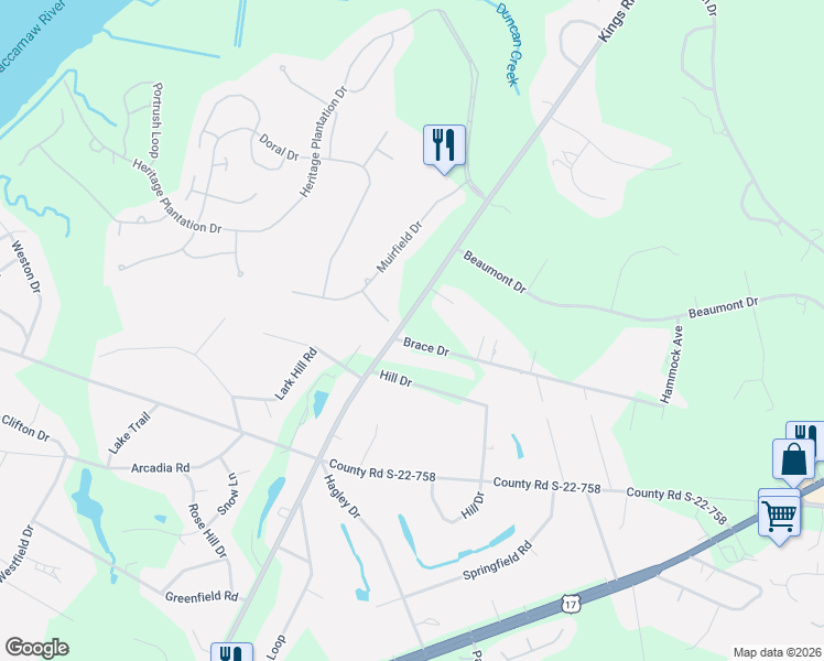 map of restaurants, bars, coffee shops, grocery stores, and more near 577 Brace Drive in Pawleys Island