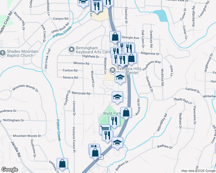 map of restaurants, bars, coffee shops, grocery stores, and more near 1922 Tree Top Lane in Birmingham