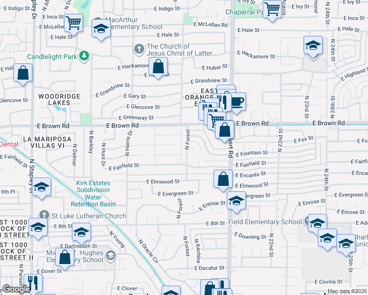 map of restaurants, bars, coffee shops, grocery stores, and more near 1056 North Forest in Mesa