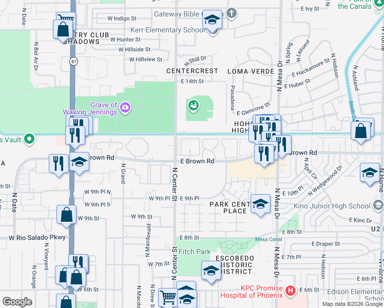 map of restaurants, bars, coffee shops, grocery stores, and more near 30 East Brown Road in Mesa
