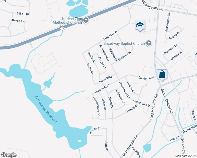 map of restaurants, bars, coffee shops, grocery stores, and more near 2377 Berlin Drive in Augusta