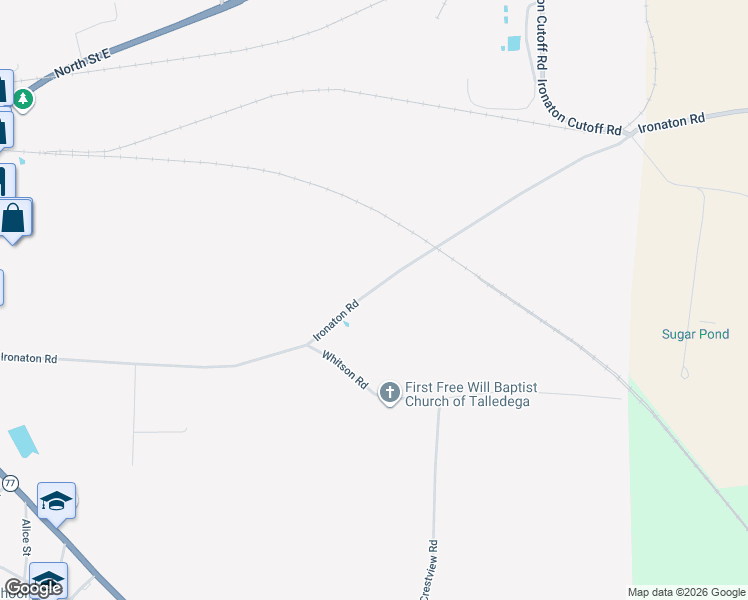 map of restaurants, bars, coffee shops, grocery stores, and more near Ironaton Road in Talladega