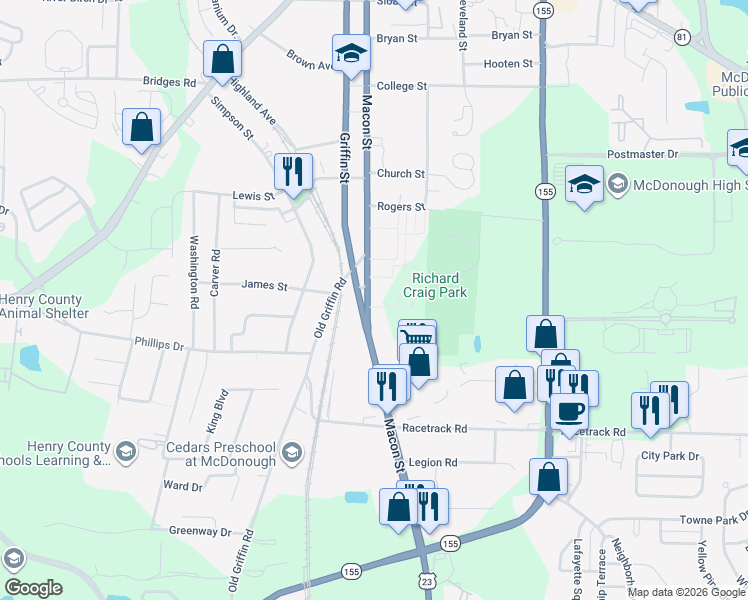 map of restaurants, bars, coffee shops, grocery stores, and more near 468 Macon Street in McDonough