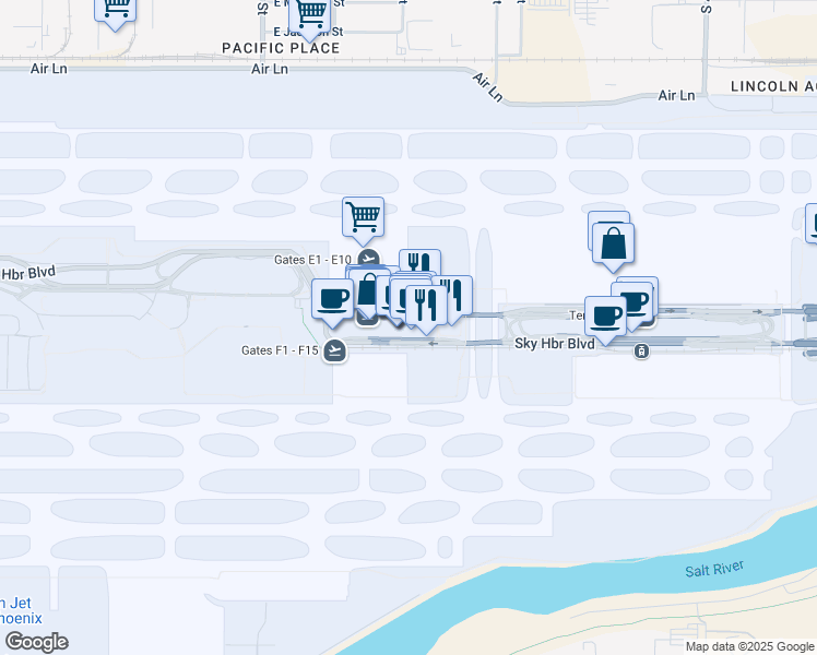 map of restaurants, bars, coffee shops, grocery stores, and more near 3429-3523 East Sky Harbor Boulevard in Phoenix
