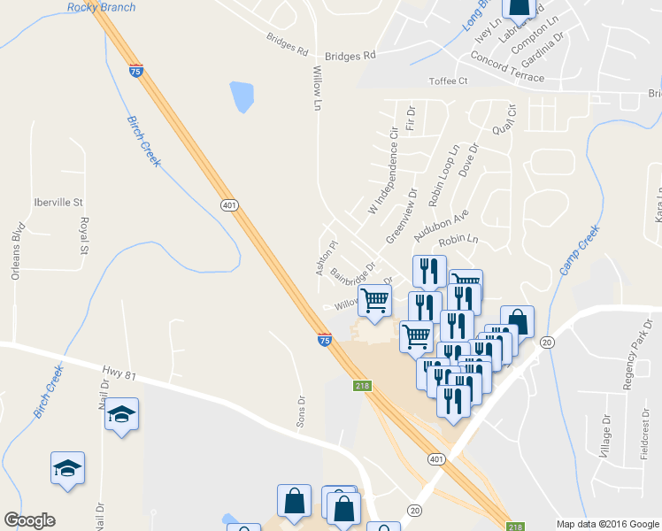 map of restaurants, bars, coffee shops, grocery stores, and more near 405 Ashton Circle in McDonough