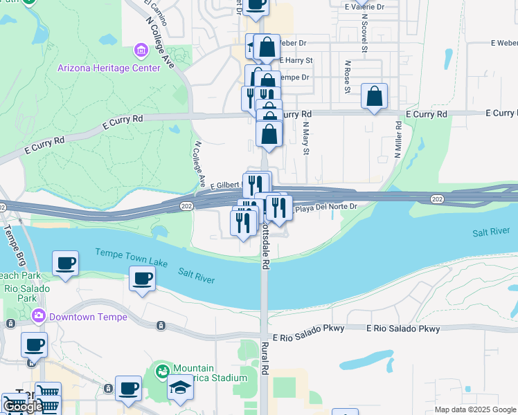 map of restaurants, bars, coffee shops, grocery stores, and more near 690 N Scottsdale Rd in Tempe