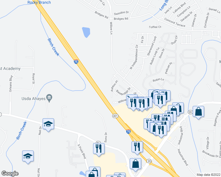 map of restaurants, bars, coffee shops, grocery stores, and more near 325 Ashton Place in McDonough