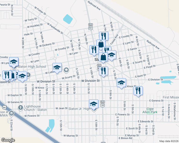 map of restaurants, bars, coffee shops, grocery stores, and more near 310 South 11th Street in Slaton