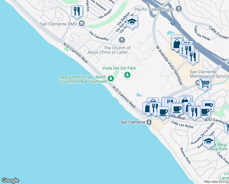 map of restaurants, bars, coffee shops, grocery stores, and more near El Camino Real in San Clemente