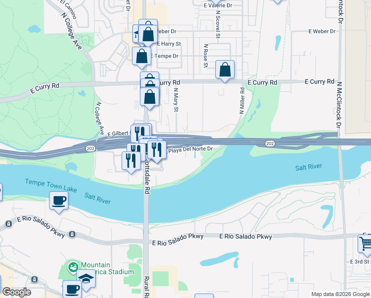 map of restaurants, bars, coffee shops, grocery stores, and more near East Playa Del Norte Drive in Tempe