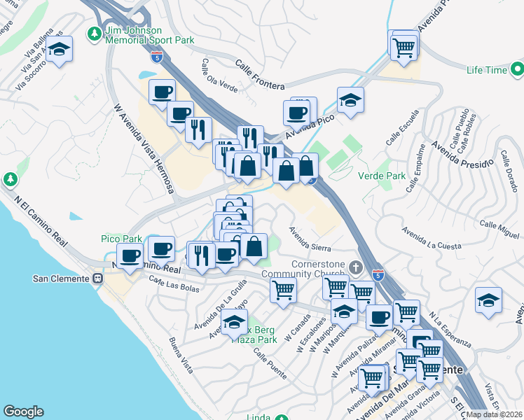 map of restaurants, bars, coffee shops, grocery stores, and more near 1509 Avenida de la Estrella in San Clemente