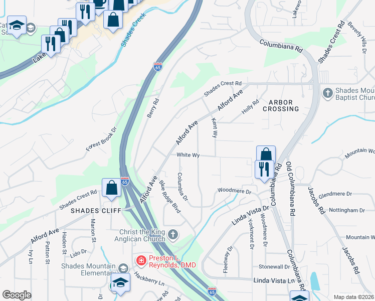 map of restaurants, bars, coffee shops, grocery stores, and more near 1344 Chester Street in Birmingham
