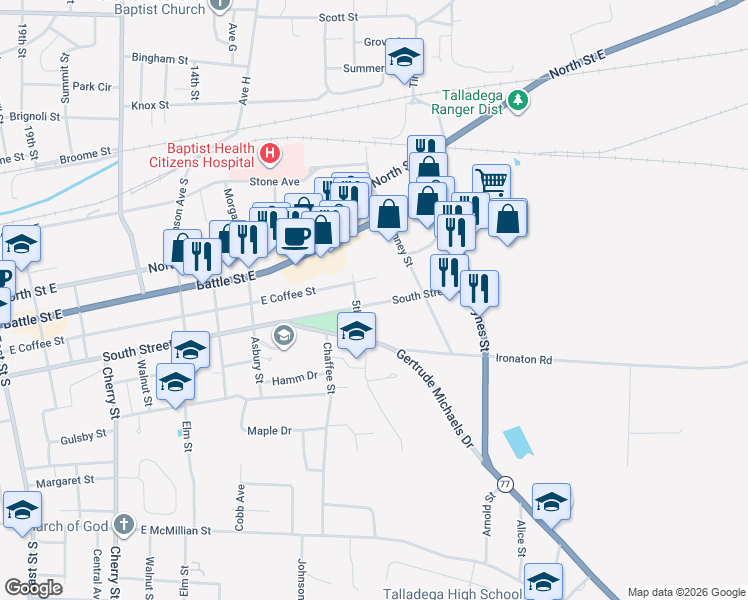 map of restaurants, bars, coffee shops, grocery stores, and more near 900 South Street East in Talladega