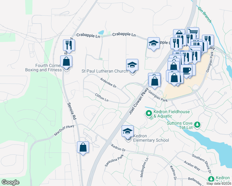 map of restaurants, bars, coffee shops, grocery stores, and more near 303 Dalston Way in Peachtree City