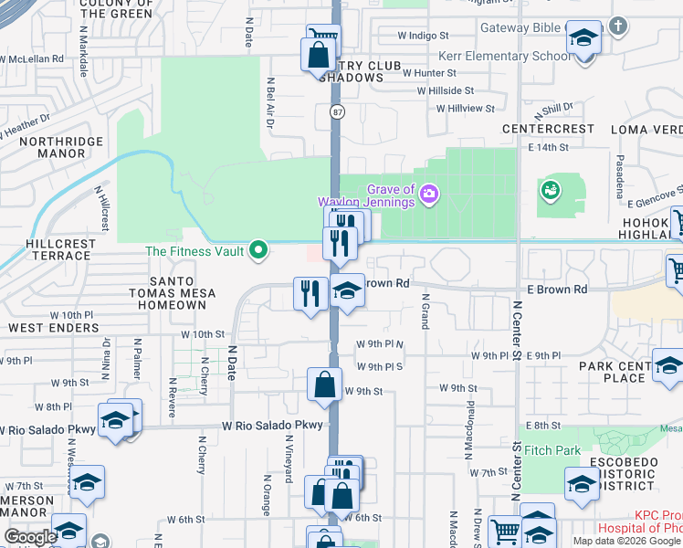 map of restaurants, bars, coffee shops, grocery stores, and more near 1106 N Country Club Dr in Mesa