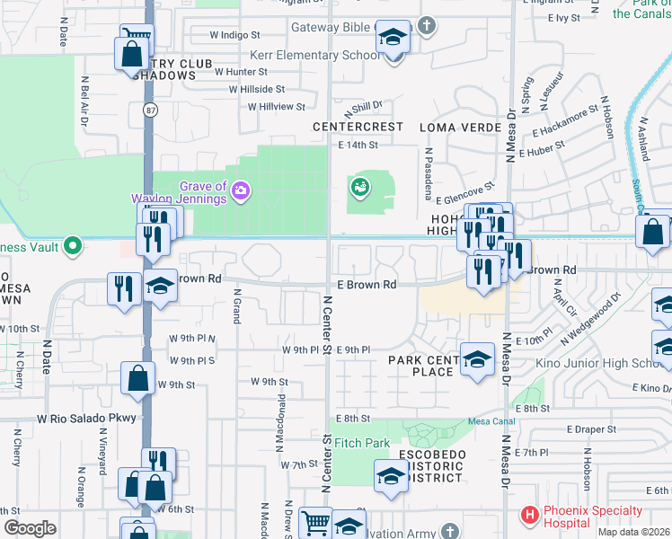map of restaurants, bars, coffee shops, grocery stores, and more near in Mesa