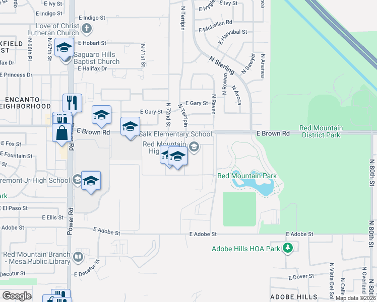 map of restaurants, bars, coffee shops, grocery stores, and more near 7301 East Brown Road in Mesa