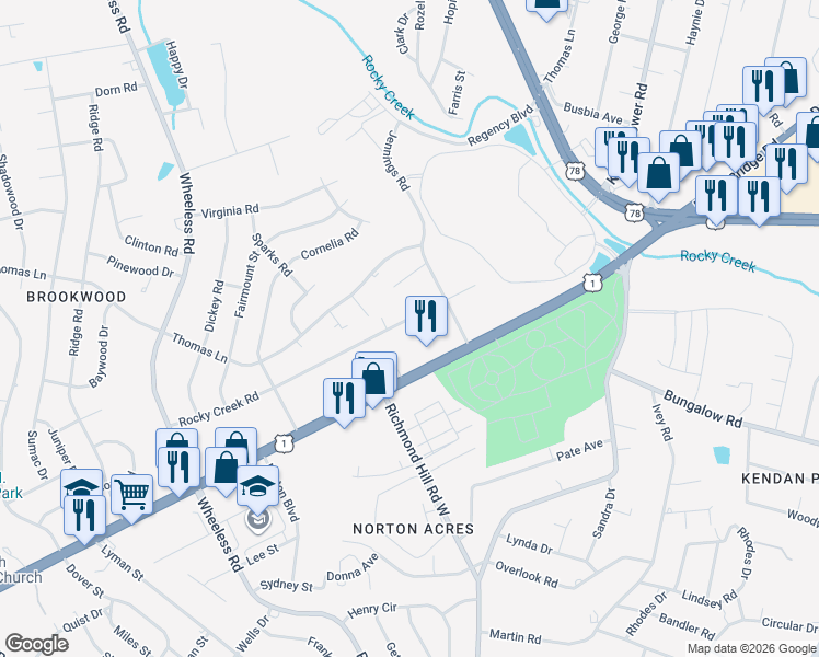 map of restaurants, bars, coffee shops, grocery stores, and more near 2818 Rocky Creek Road in Augusta