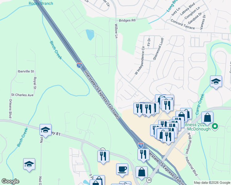 map of restaurants, bars, coffee shops, grocery stores, and more near 323 Ashton Place in McDonough