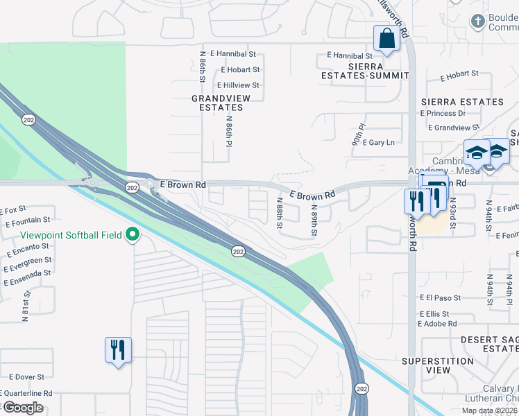 map of restaurants, bars, coffee shops, grocery stores, and more near 8750 East Fairfield Street in Mesa