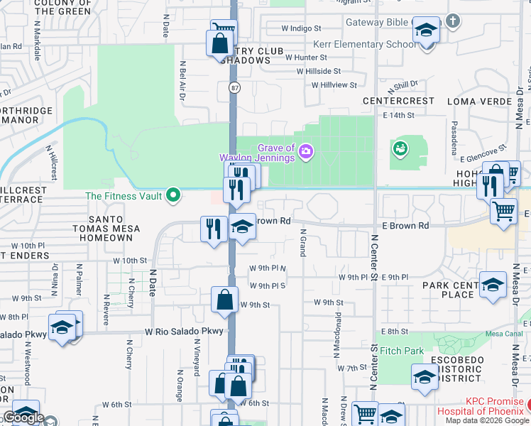 map of restaurants, bars, coffee shops, grocery stores, and more near 333 West Brown Road in Mesa