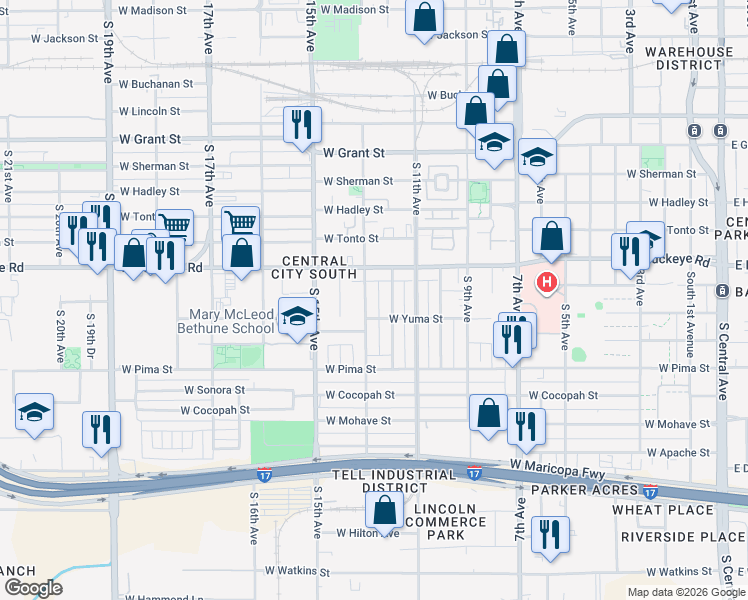 map of restaurants, bars, coffee shops, grocery stores, and more near 1254 South 13th Avenue in Phoenix