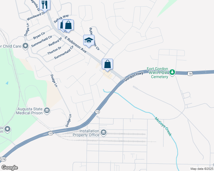 map of restaurants, bars, coffee shops, grocery stores, and more near 1512 McCoys Creek Road in Grovetown