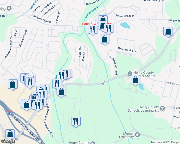 map of restaurants, bars, coffee shops, grocery stores, and more near 128 Prity Court in McDonough
