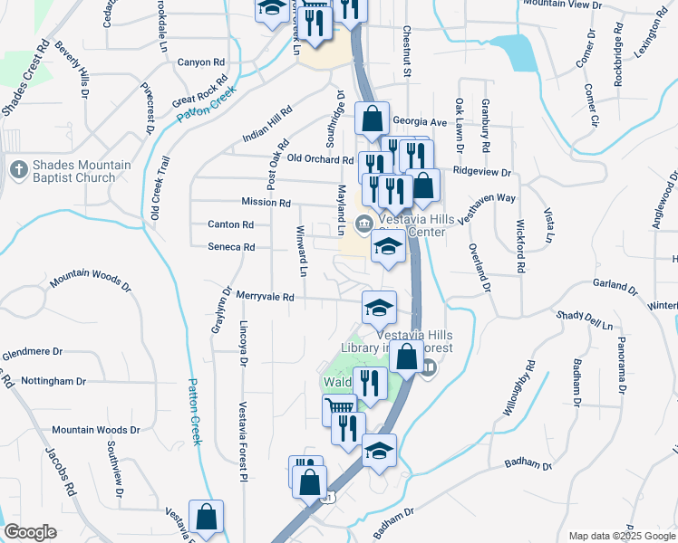map of restaurants, bars, coffee shops, grocery stores, and more near 1936 Tree Top Lane in Vestavia Hills