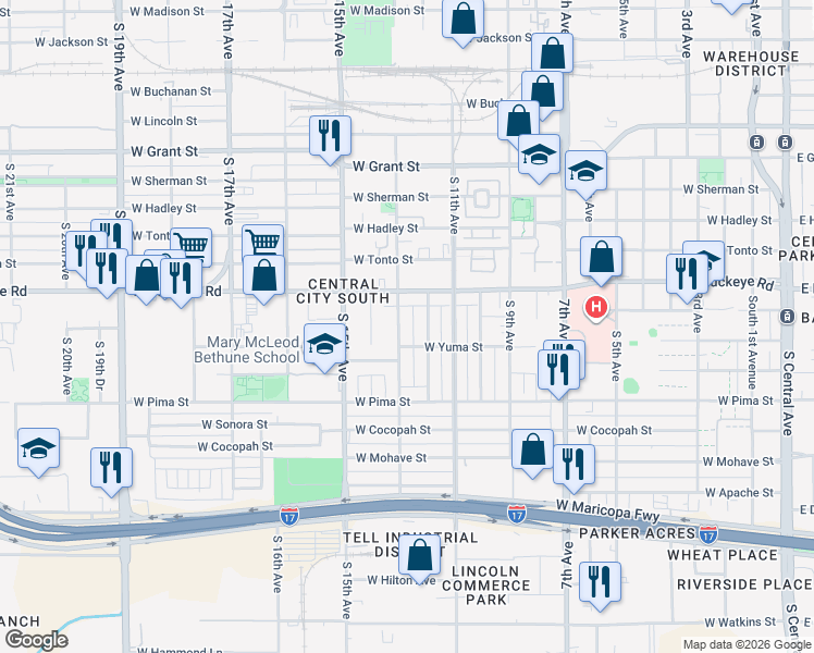 map of restaurants, bars, coffee shops, grocery stores, and more near 1254 South 13th Avenue in Phoenix