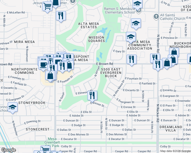 map of restaurants, bars, coffee shops, grocery stores, and more near North Arroya in Mesa