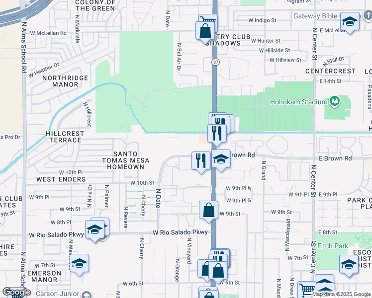 map of restaurants, bars, coffee shops, grocery stores, and more near 454 West Brown Road in Mesa