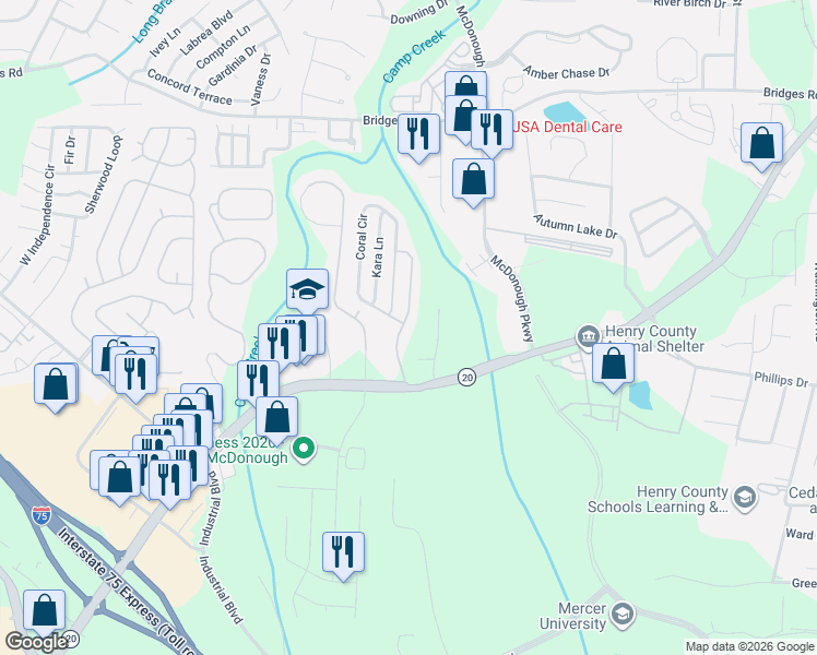 map of restaurants, bars, coffee shops, grocery stores, and more near 1300 Pennsylvania Avenue in McDonough