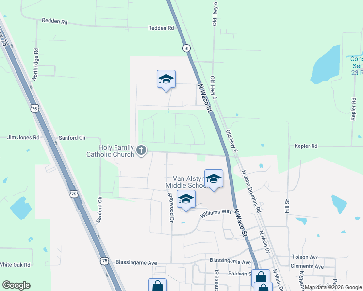 map of restaurants, bars, coffee shops, grocery stores, and more near 643 Spence Road in Van Alstyne