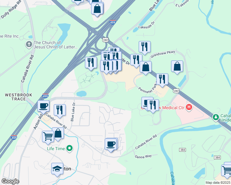 map of restaurants, bars, coffee shops, grocery stores, and more near 3525 Colonnade Parkway in Birmingham