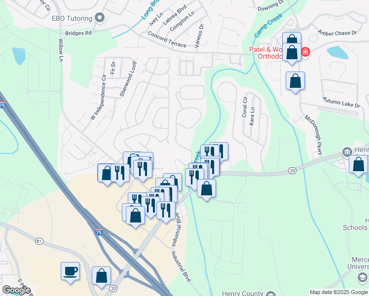 map of restaurants, bars, coffee shops, grocery stores, and more near Preston Creek Drive in McDonough