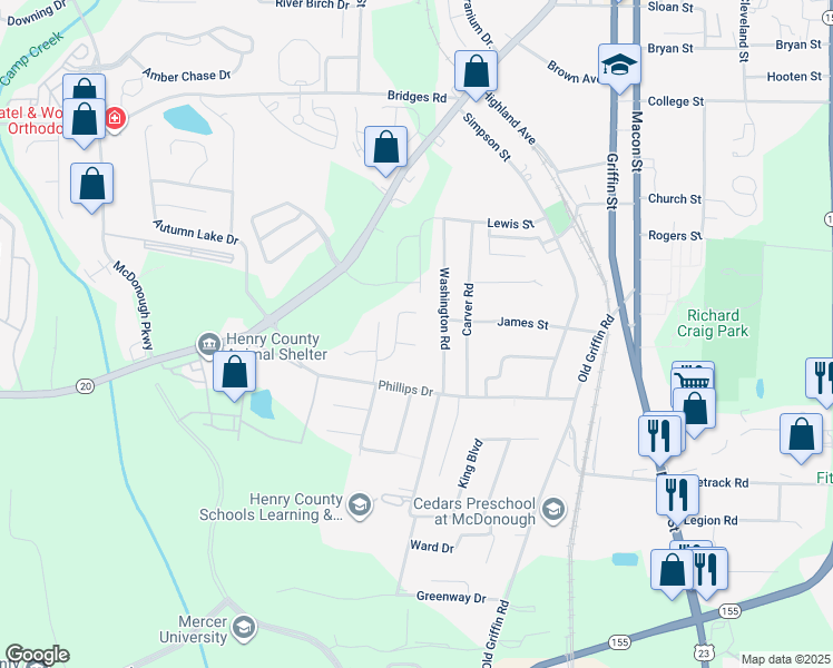 map of restaurants, bars, coffee shops, grocery stores, and more near 225 Talbot Court in McDonough