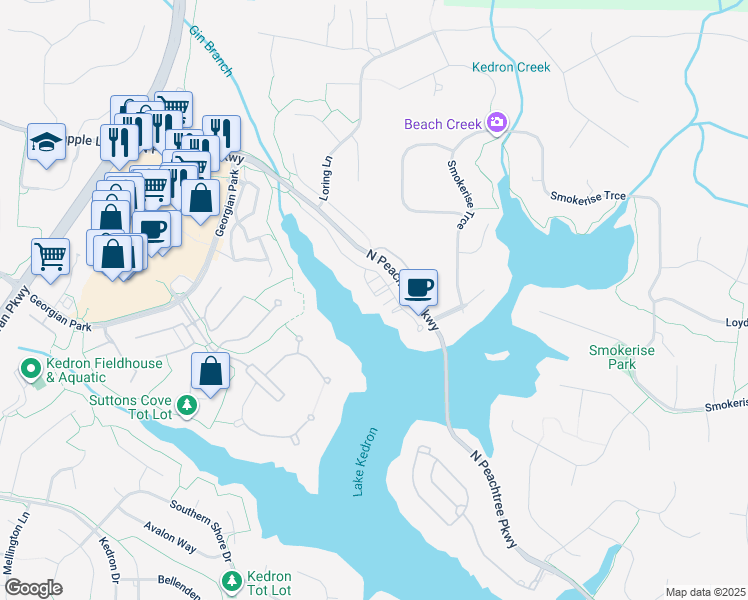 map of restaurants, bars, coffee shops, grocery stores, and more near 208 Cromwell Drive in Peachtree City