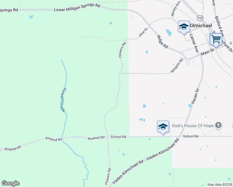 map of restaurants, bars, coffee shops, grocery stores, and more near 163 Flowers Road in Kilmichael