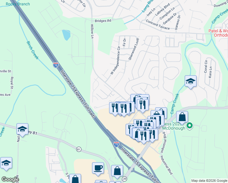 map of restaurants, bars, coffee shops, grocery stores, and more near 601 Willow Chase Drive in McDonough