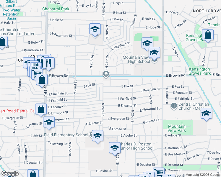 map of restaurants, bars, coffee shops, grocery stores, and more near 2435 East Fountain Street in Mesa