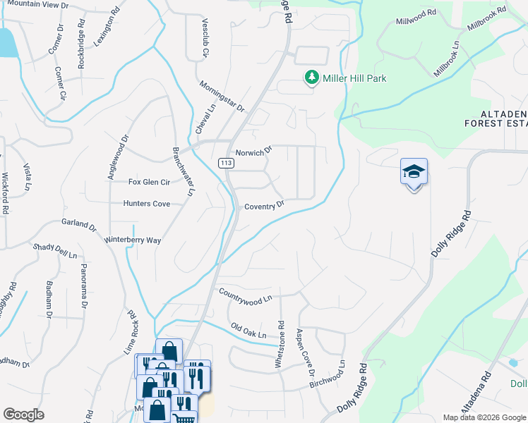 map of restaurants, bars, coffee shops, grocery stores, and more near 3412 Ridgeland Circle in Vestavia Hills