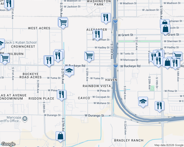 map of restaurants, bars, coffee shops, grocery stores, and more near 2413 West Yuma Street in Phoenix