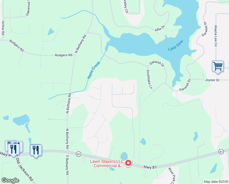 map of restaurants, bars, coffee shops, grocery stores, and more near 200 Flower Lane in McDonough