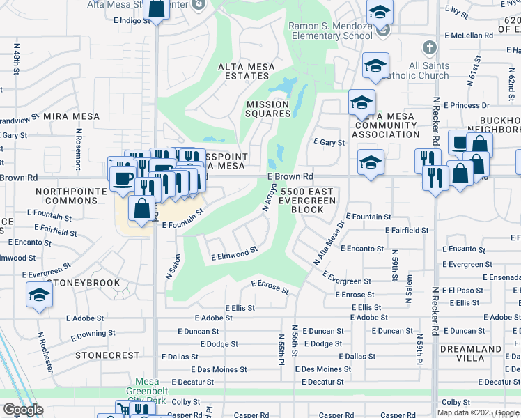 map of restaurants, bars, coffee shops, grocery stores, and more near 1056 North Arroya in Mesa