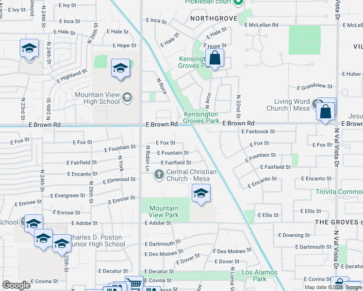 map of restaurants, bars, coffee shops, grocery stores, and more near 2925 East Fountain Street in Mesa