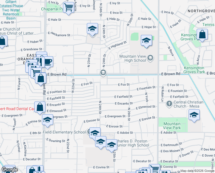 map of restaurants, bars, coffee shops, grocery stores, and more near 2435 East Fountain Street in Mesa